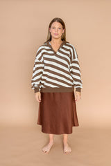 Grown Ladies Button Up Diagonal Stripe Pull Over - Espresso
