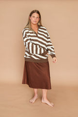 Grown Ladies Button Up Diagonal Stripe Pull Over - Espresso