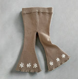 Flared Leggings - Latte with Embroidered Flowers