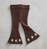 Flared Leggings - Cocoa with Embroidered Flowers
