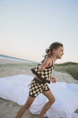Checker Tie Up Singlet- Butter Choc