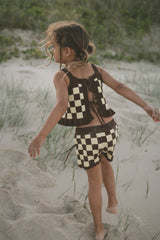 Checker Tie Up Singlet- Butter Choc