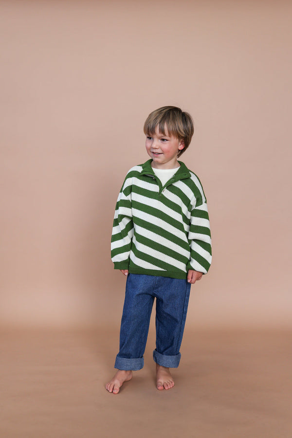 Grown Button Up Diagonal Stripe Pull Over - Verde