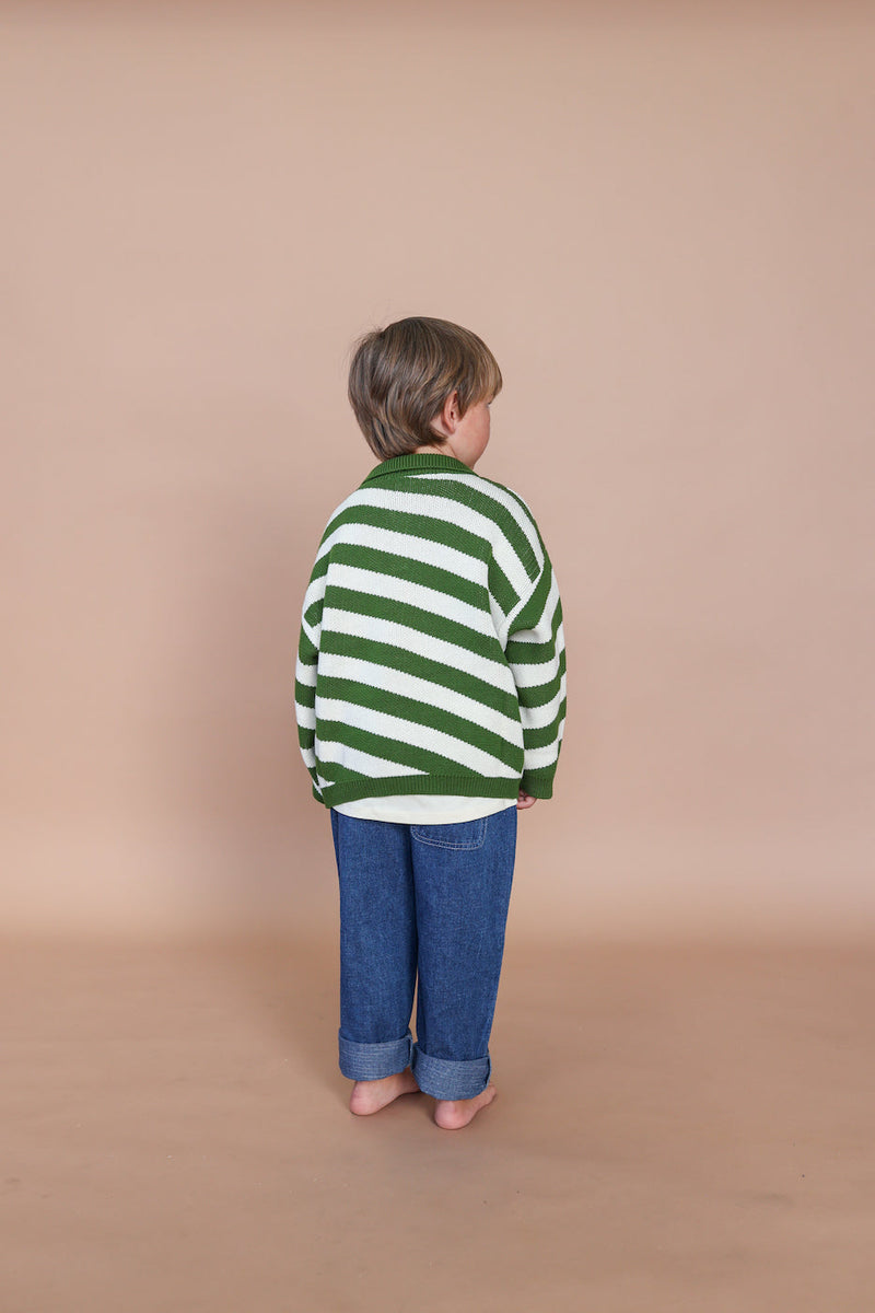 Grown Button Up Diagonal Stripe Pull Over - Verde