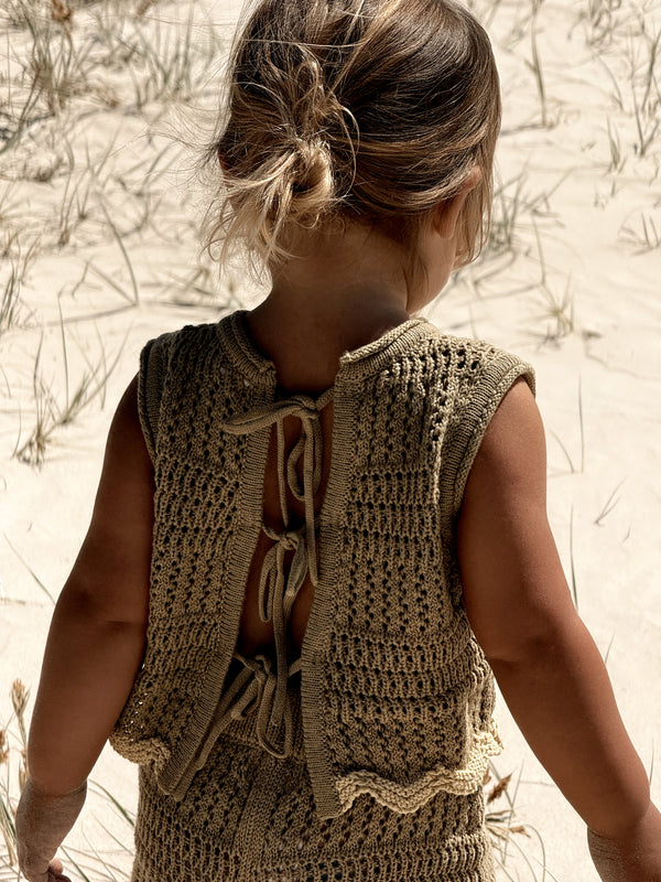 Crochet Tie Up Singlet - Olive + Butter