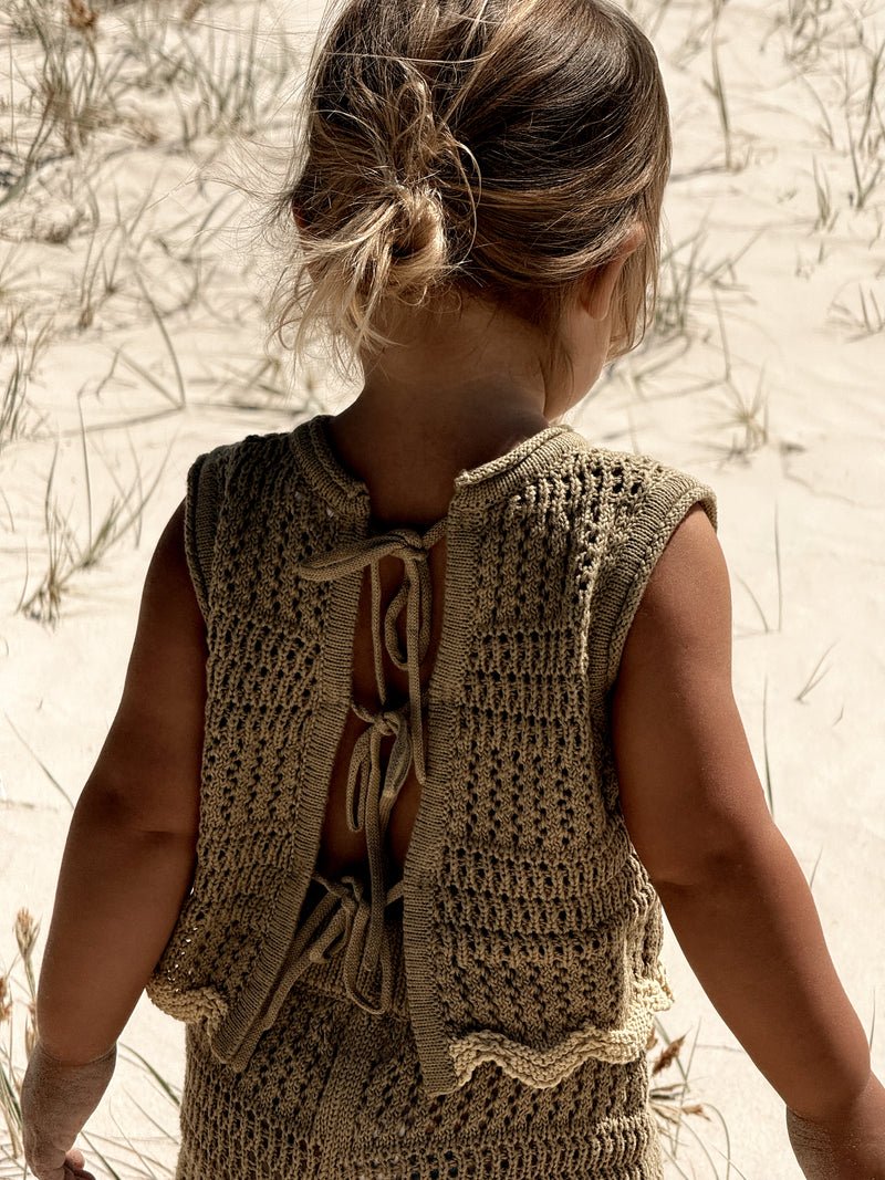 Crochet Tie Up Singlet - Olive + Butter