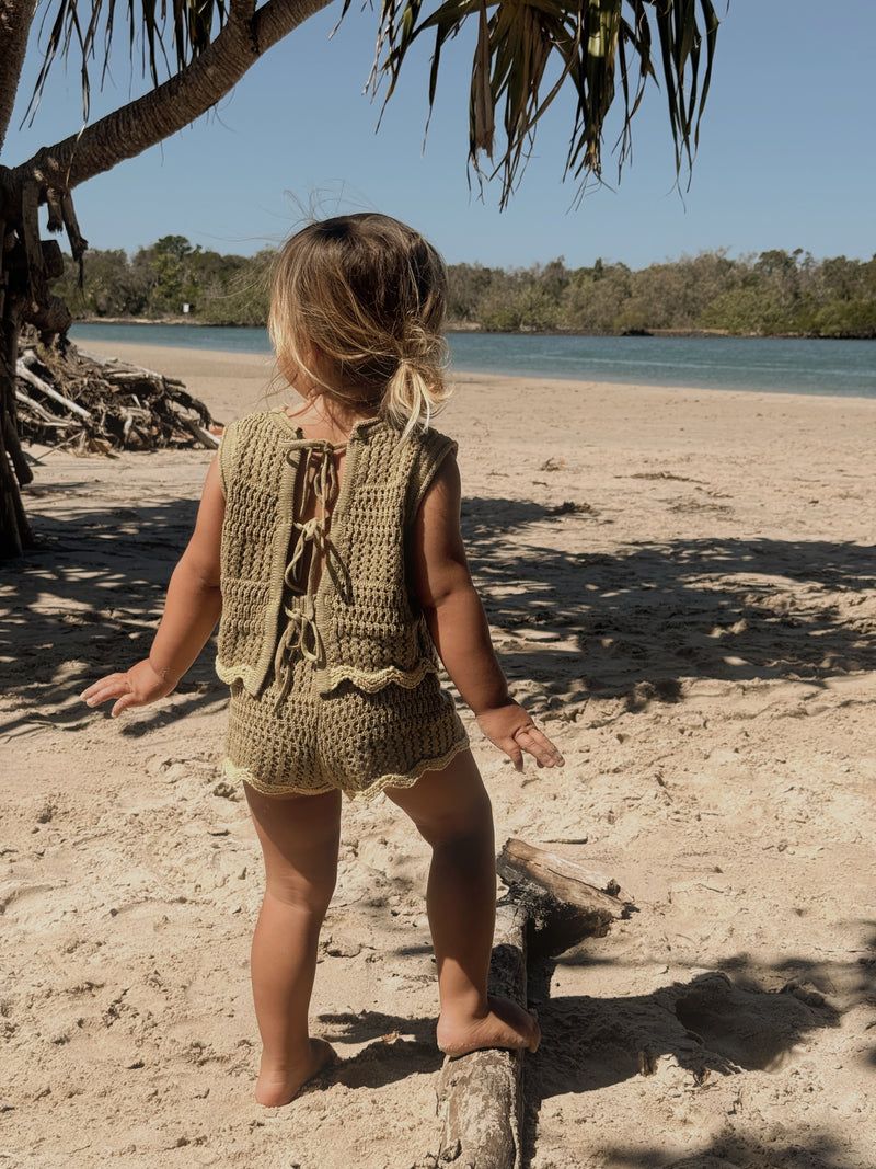 Crochet Tie Up Singlet - Olive + Butter