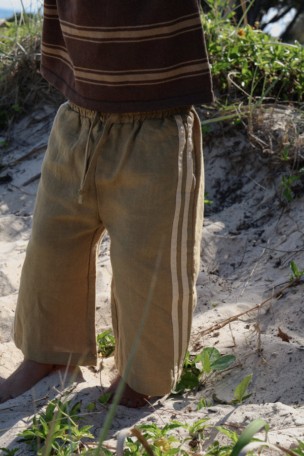Kids Linen Racer Pants - Olive + Natural