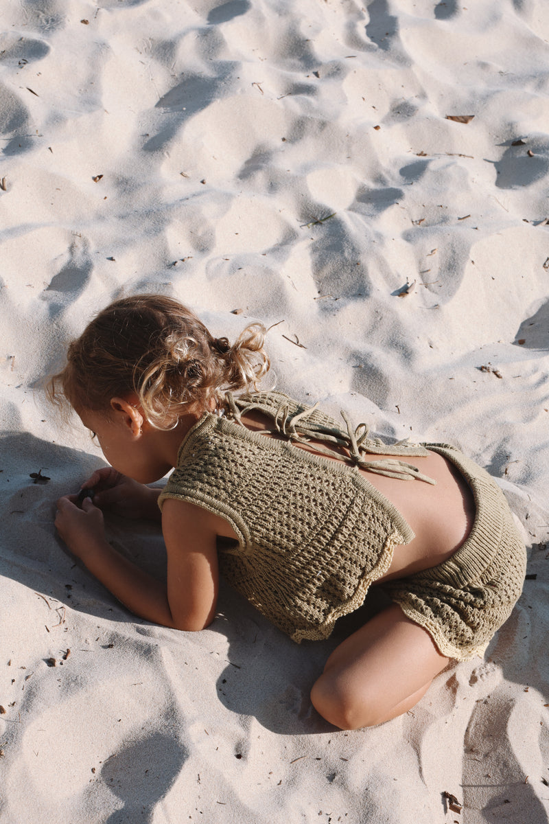 Crochet Tie Up Singlet - Olive + Butter