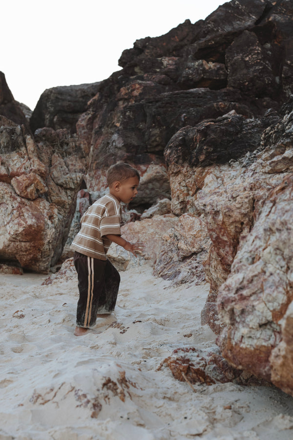 Kids Linen Racer Pants - Espresso + Natural