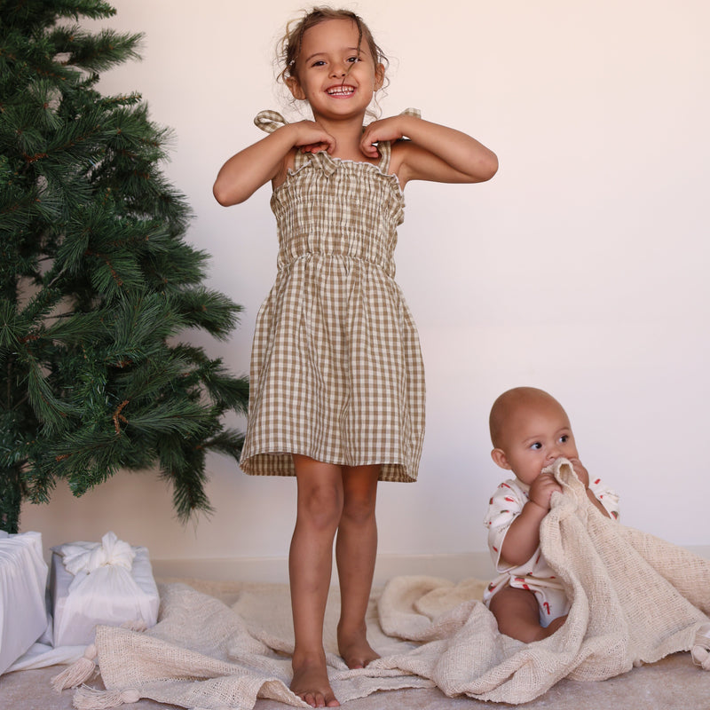 Gingham Ruffle Dress- Olive