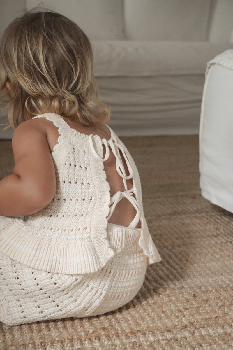 Crochet Tie Up Singlet Top | Buttermilk + Coconut Stripe