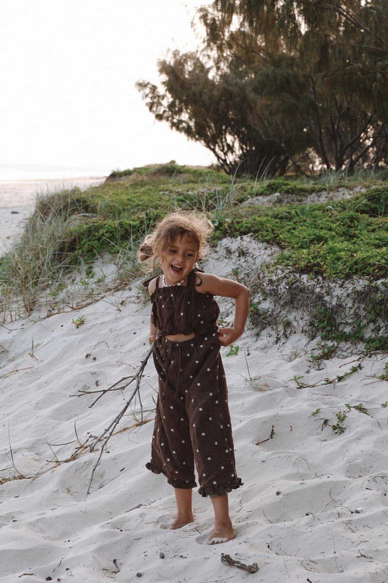 Linen Embroidered Pants - Espresso
