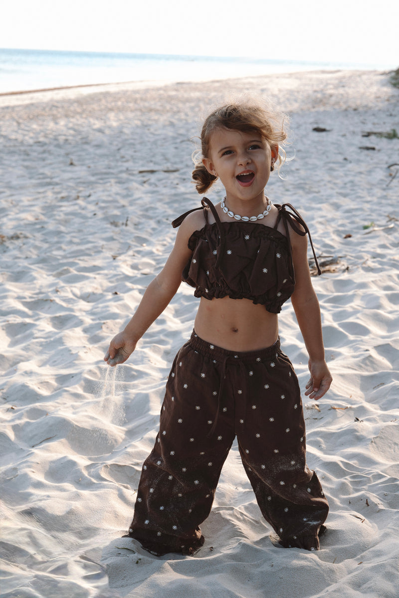 Linen Embroidered Pants - Espresso