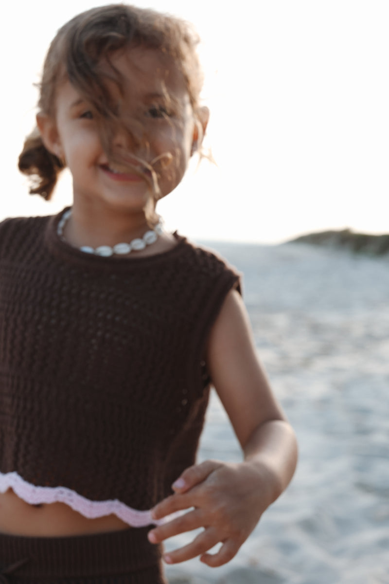 Crochet Tie Up Singlet - Espresso + Blossom