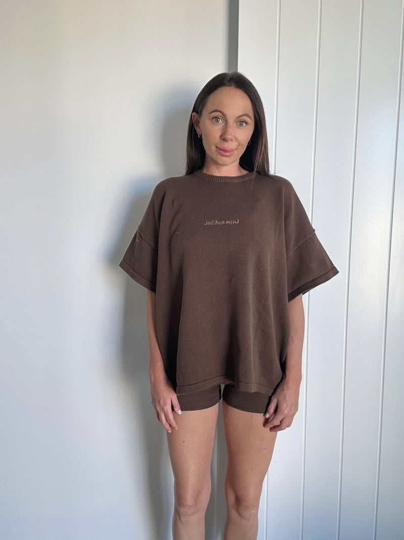 Womens Oversized Logo Knit Tee | Coffee