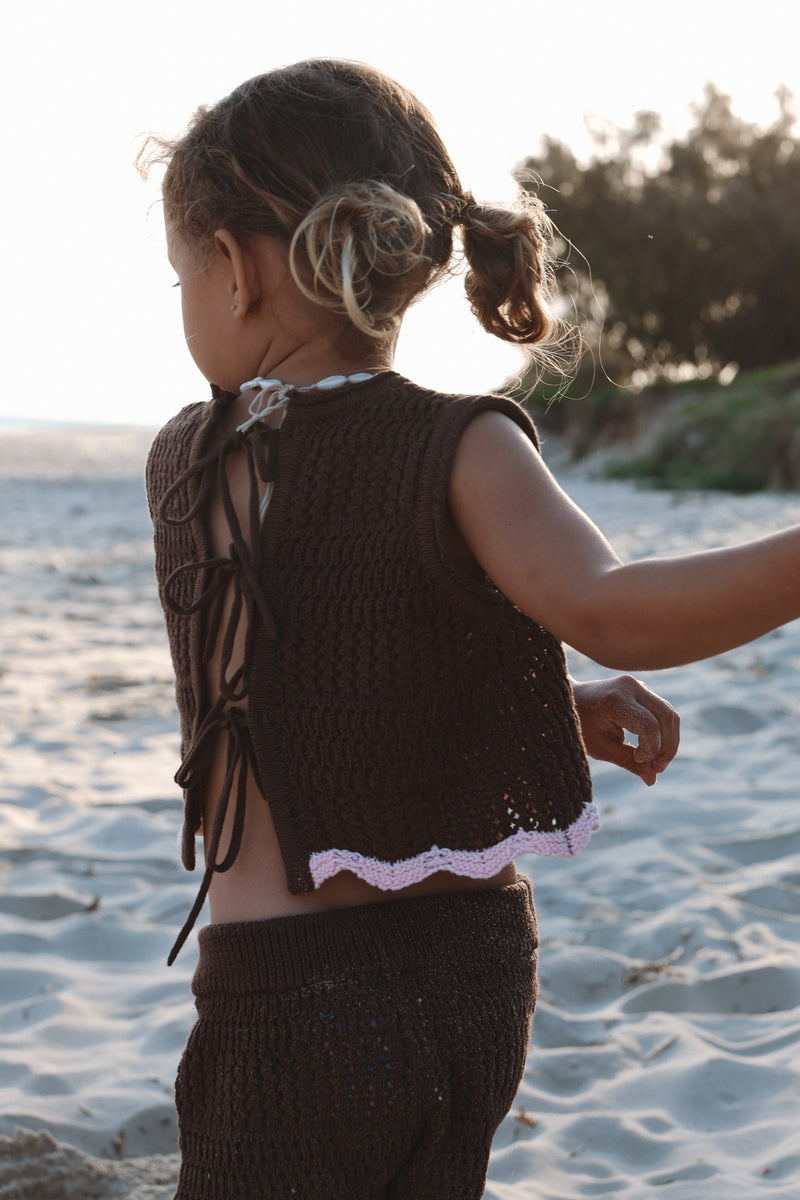 Crochet Tie Up Singlet - Espresso + Blossom