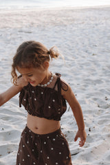 Linen Ruffle Embroidered Crop - Espresso