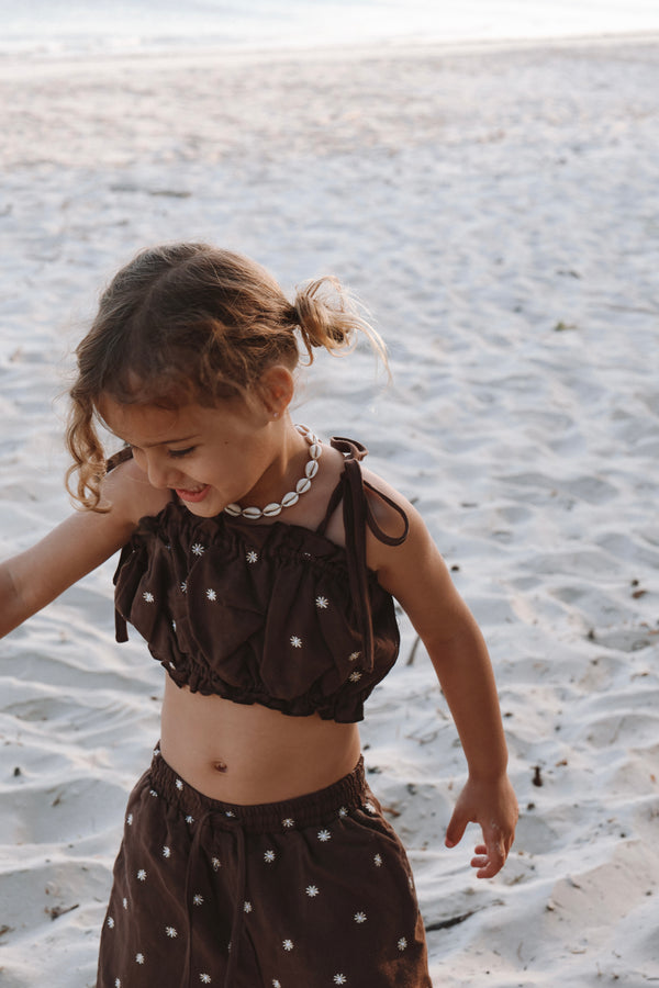 Linen Ruffle Embroidered Crop - Espresso