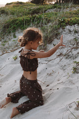 Linen Ruffle Embroidered Crop - Espresso
