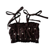 Linen Ruffle Embroidered Crop - Espresso