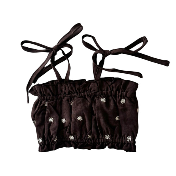 Linen Ruffle Embroidered Crop - Espresso