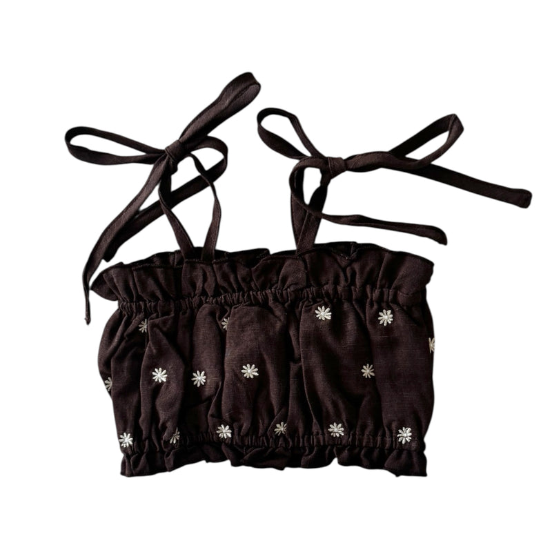 Linen Ruffle Embroidered Crop - Espresso