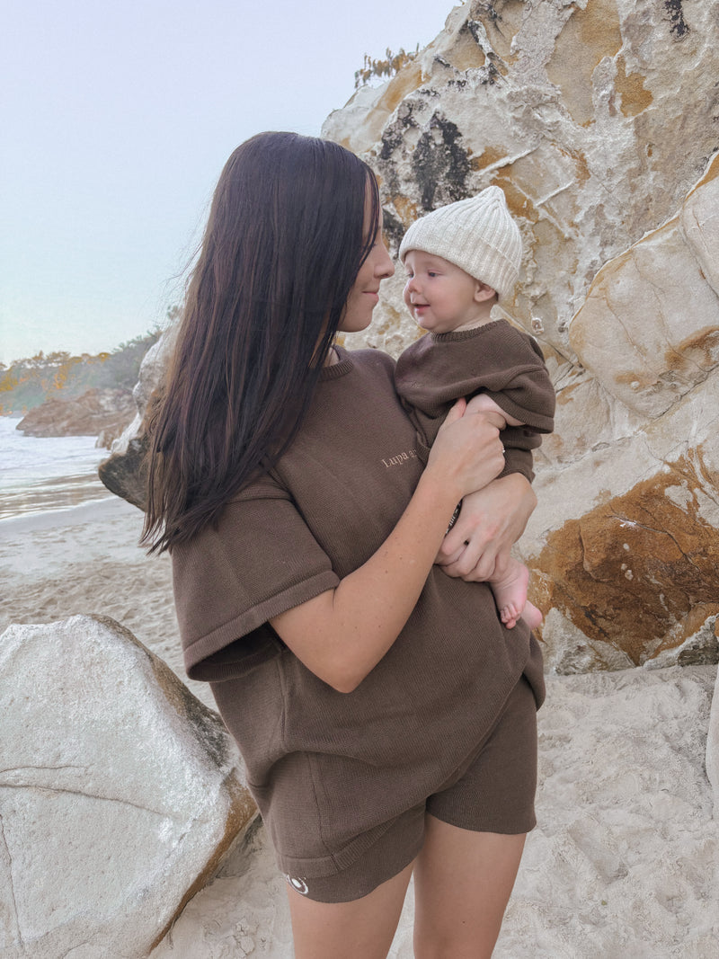 Womens Oversized Logo Knit Tee | Coffee