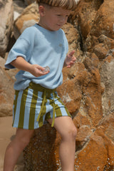 Child in a blue shirt and striped shorts standing on rocks.