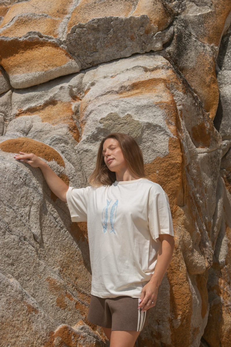 Ladies Organic Sardine Embroidered Tee - Milk