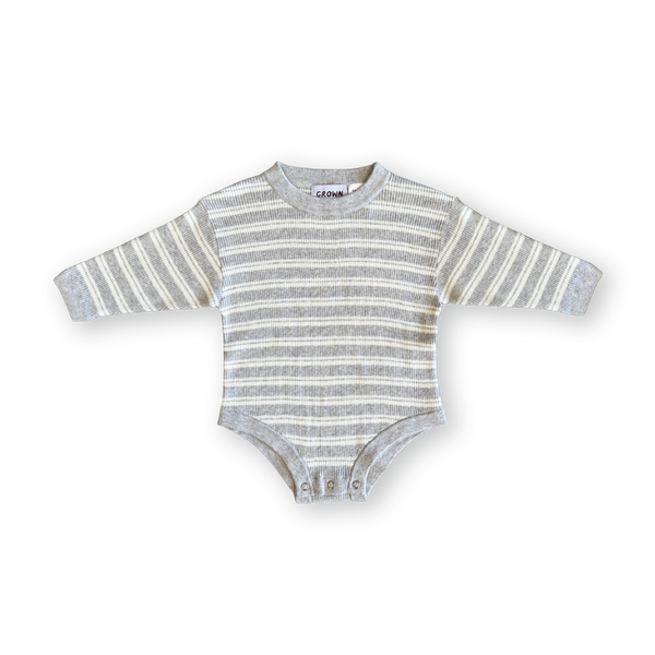 Organic Ribbed Stripe Knit Romper - Grey Marle/Milk