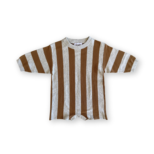 Organic Vertical Stripe Knit Romper - Grey Marle & Brownie