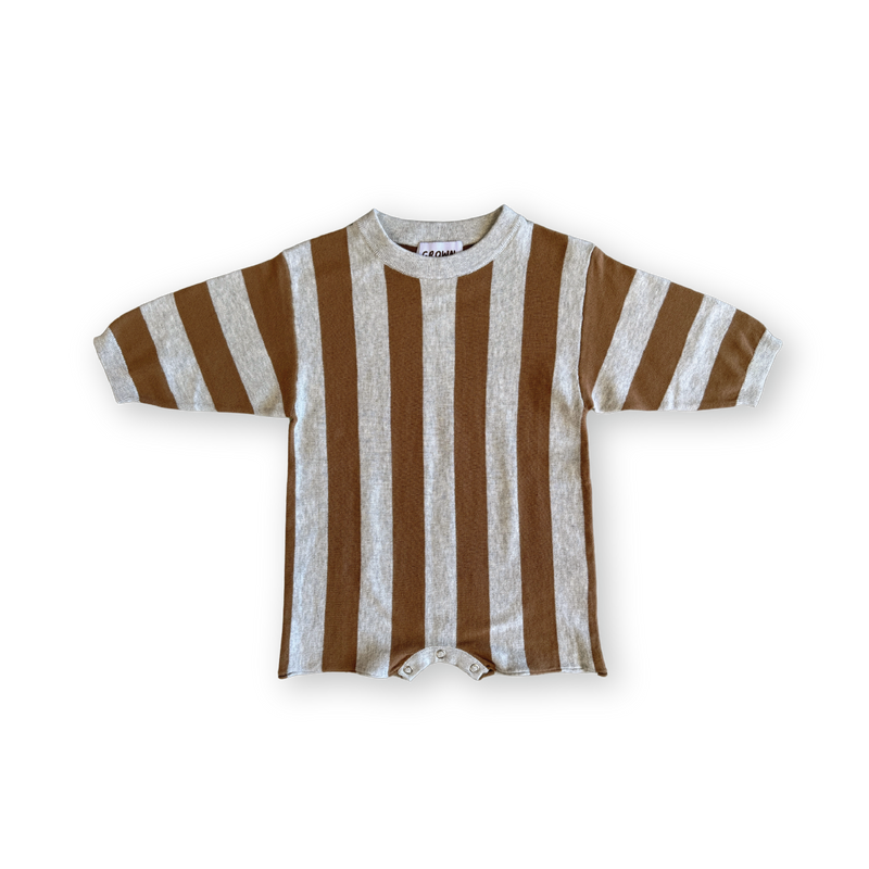 Organic Vertical Stripe Knit Romper - Grey Marle & Brownie
