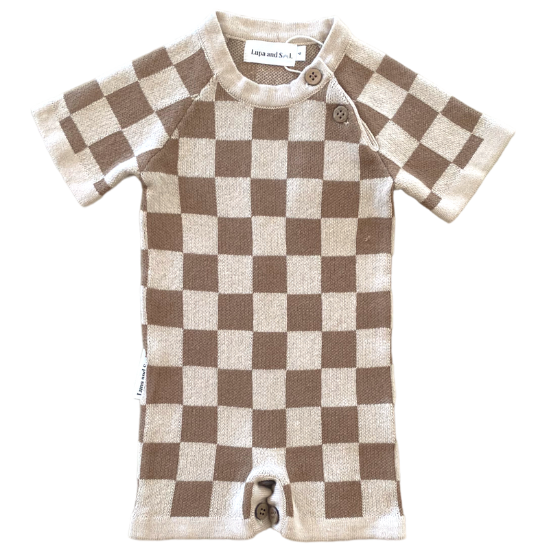 Lupa and Sol Check Romper | Brown on Oat