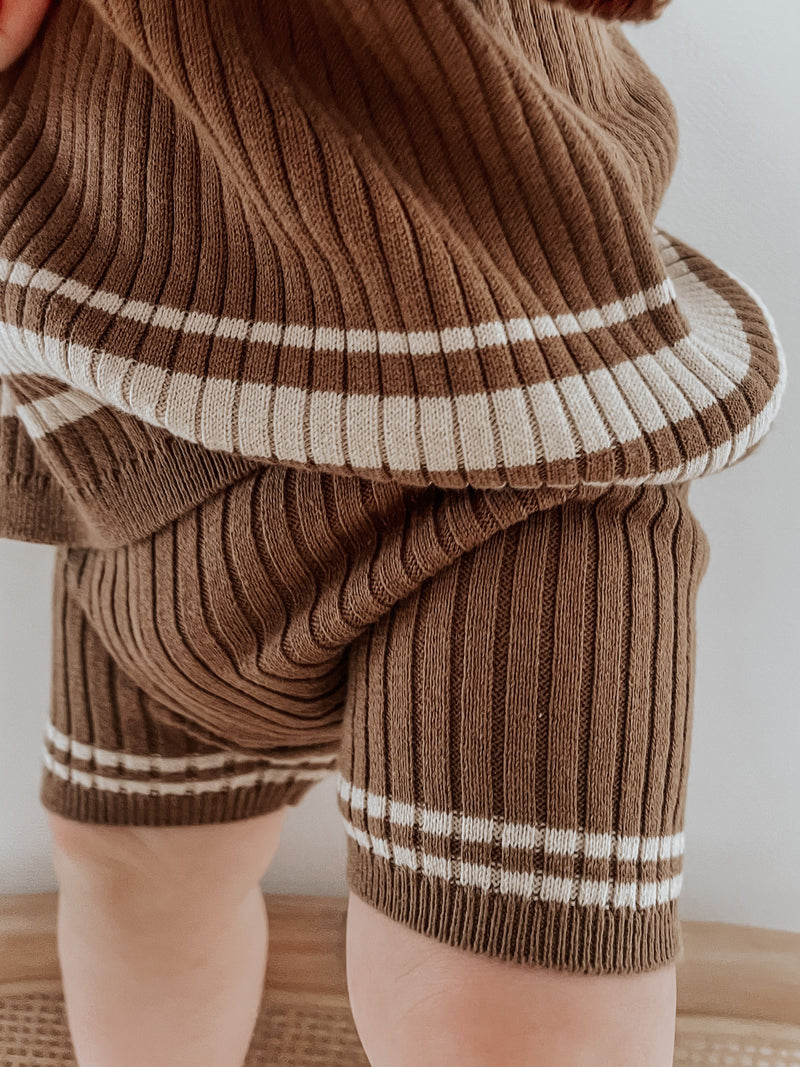 Lupa and Sol Retro Ribbed Bike Shorts | Mocha with Oat Stripes