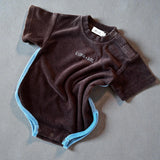 Terry Logo Tee Romper- Chocolate + Sky