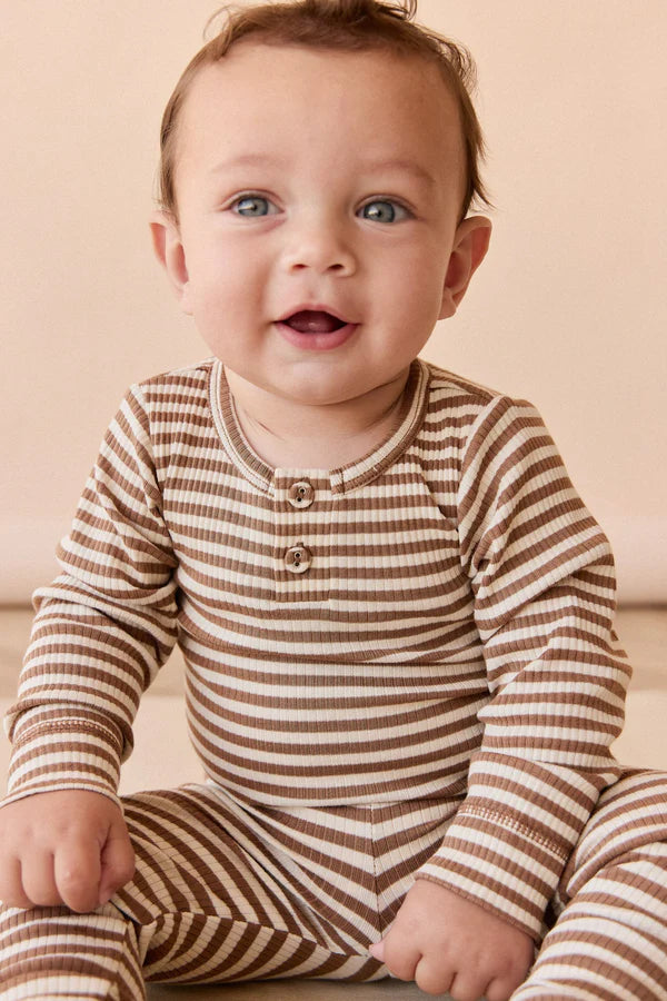 Organic Cotton Modal Long Sleeve Bodysuit - Narrow Stripe Thatch/Buff