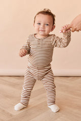 Organic Cotton Modal Long Sleeve Bodysuit - Narrow Stripe Thatch/Buff