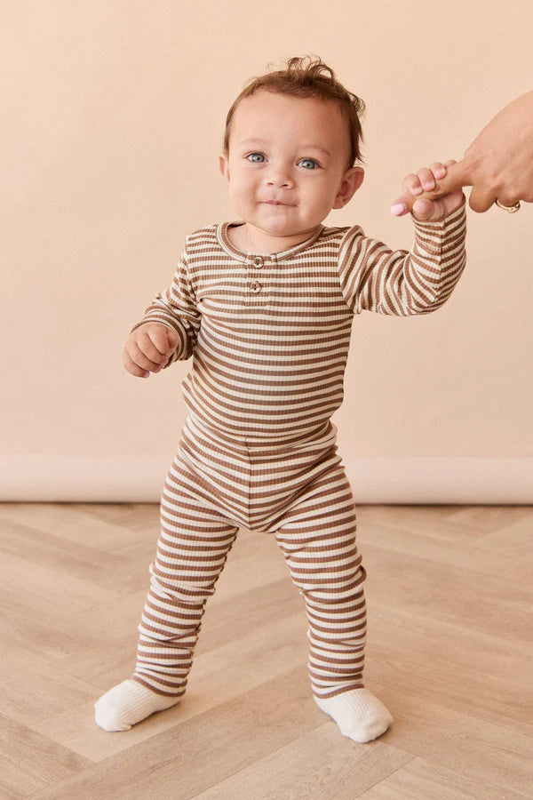 Organic Cotton Modal Long Sleeve Bodysuit - Narrow Stripe Thatch/Buff