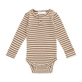 Organic Cotton Modal Long Sleeve Bodysuit - Narrow Stripe Thatch/Buff
