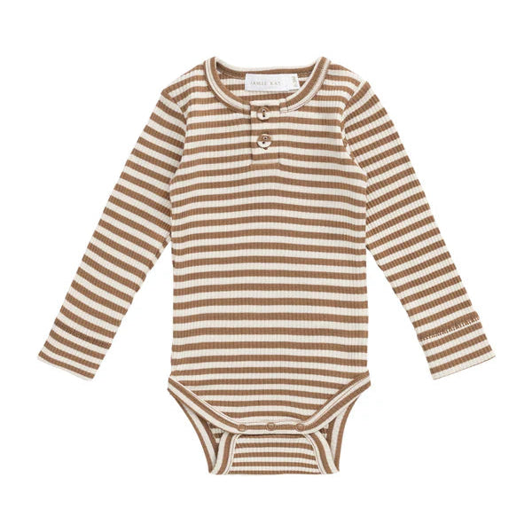 Organic Cotton Modal Long Sleeve Bodysuit - Narrow Stripe Thatch/Buff