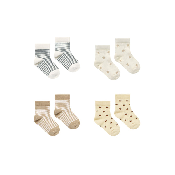 Quincy Mae Printed Socks | Latte Micro Stripe, Stars, Stripe, Apples