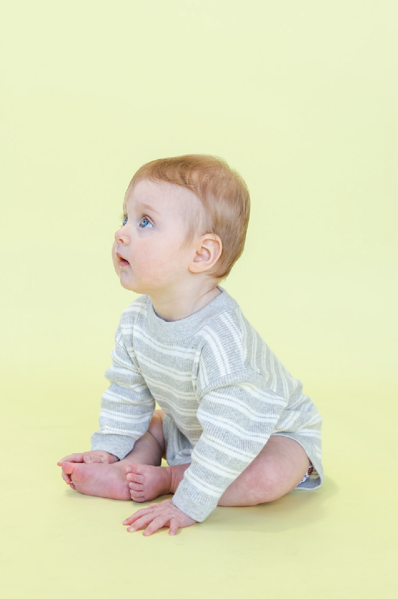 Organic Ribbed Stripe Knit Romper - Grey Marle/Milk