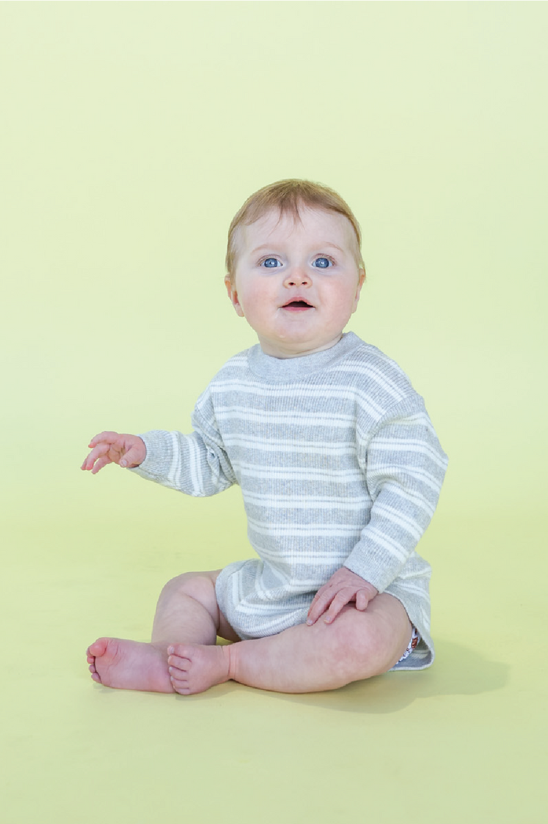 Organic Ribbed Stripe Knit Romper - Grey Marle/Milk