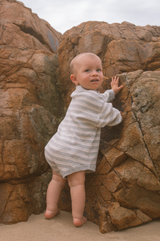 Organic Ribbed Stripe Knit Romper - Grey Marle/Milk