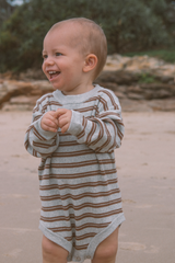 Organic Ribbed Stripe Knit Romper - Grey Marle/Brownie