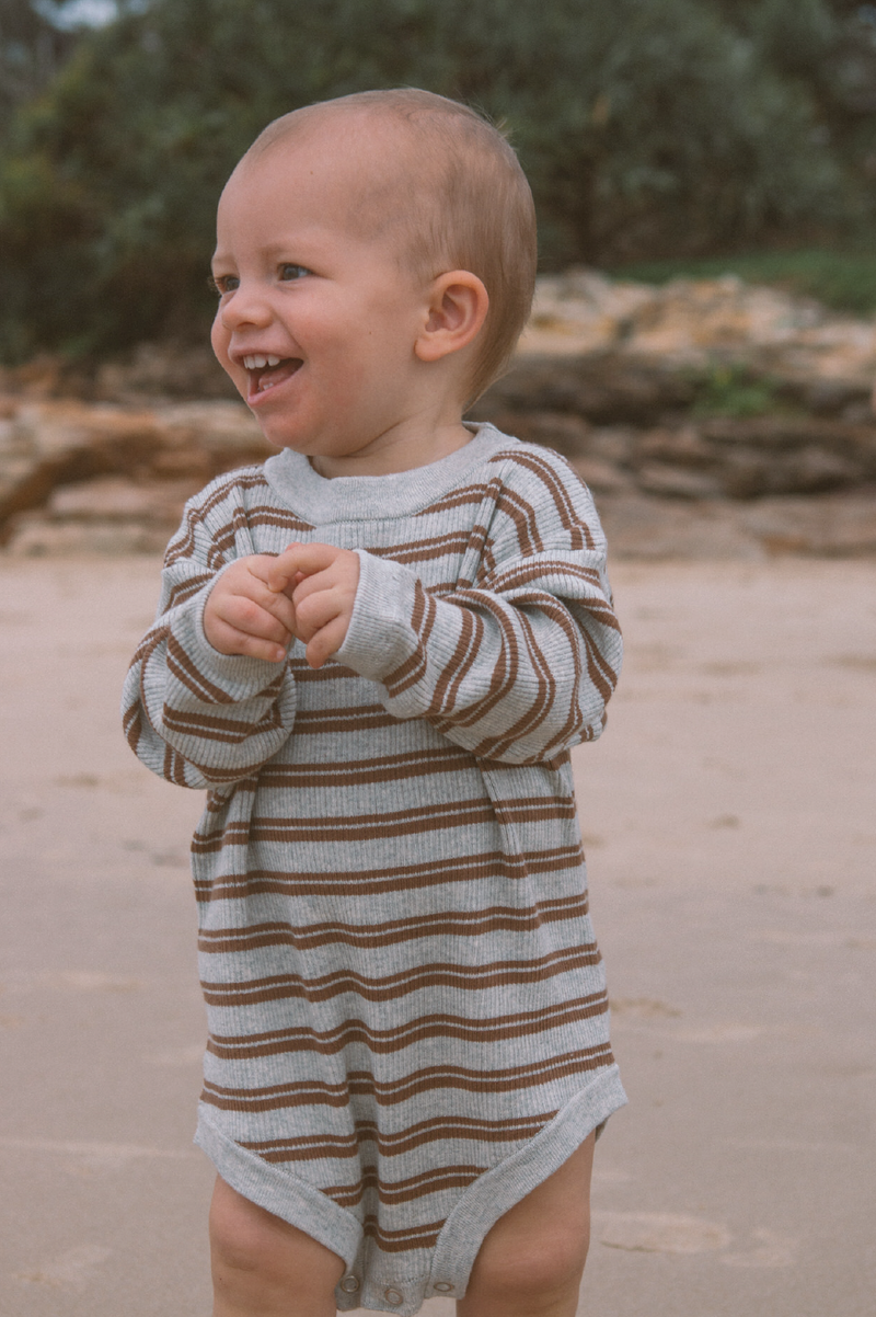 Organic Ribbed Stripe Knit Romper - Grey Marle/Brownie