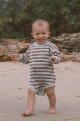 Organic Ribbed Stripe Knit Romper - Grey Marle/Brownie